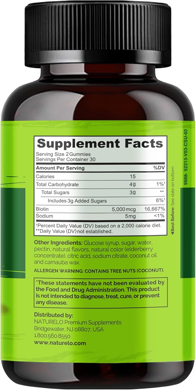 NATURELO Biotin Gummies - Supports Healthy Hair, Skin & Nails - High Potency 2500 mcg - Non GMO, Gluten Free - 60 Gummies