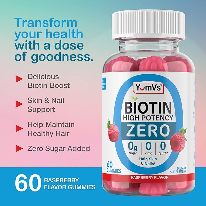 Biotin Gummies Sugar Free – 5,000 mcg High Potency Biotin for Hair, Skin & Nails – Zero Sugar, Non-GMO, Gluten Free, Vegan Raspberry Gummies – 60 Count