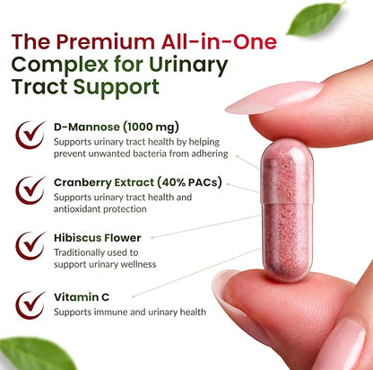 ForestLeaf D Mannose 1000mg Capsules - D-Mannose with Cranberry, Hibiscus & VIT C, Urinary Tract Health for Women and Men, Organic DMannose Pills for UTI, Urinary Health & Bladder Support 60 Capsules