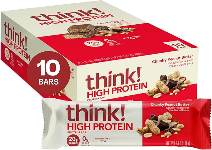 think! Protein Bars, High Protein Snacks, Gluten Free, Kosher Friendly, Chunky Peanut Butter, Nutrition Bars, 2.1 Oz per Bar, 10 Count (Packaging May Vary)