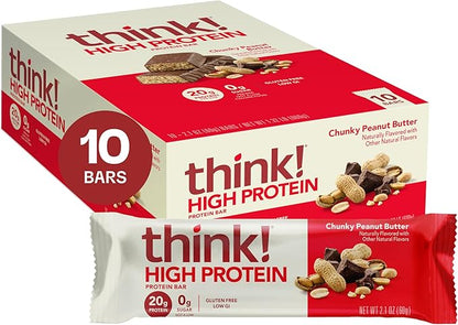 think! Protein Bars, High Protein Snacks, Gluten Free, Kosher Friendly, Chunky Peanut Butter, Nutrition Bars, 2.1 Oz per Bar, 10 Count (Packaging May Vary)