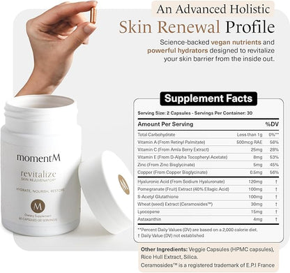 momentM Revitalize Skin Hydration Supplement, Vegan Collagen Alternative with Ceramosides & Astaxanthin - Hyaluronic Acid Supplements for Anti-Aging, Wrinkles & Fine Lines, 60 Hyaluronic Acid Capsules