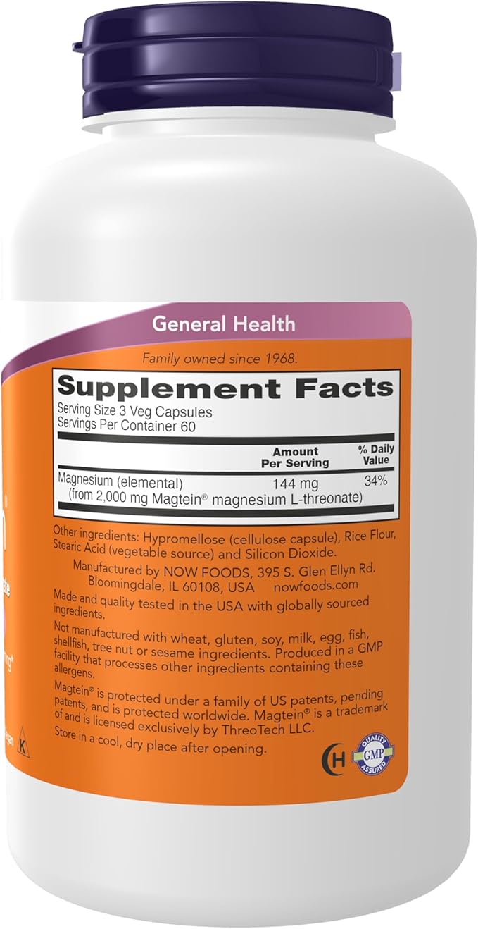 Now Foods Supplements Magtein, Magnesium L-Threonate, Cognitive Support*, 180 Veg Capsules