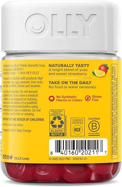 OLLY Extra Strength Daily Energy Gummy,Caffeine Free,1000mcg Vitamin B12,CoQ10,Goji Berry,Adult Chewable Supplement,Berry Yuzu Flavor -,60 Count (Pack of 2)