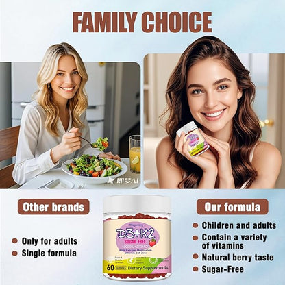 Vitamin D3 K2 Gummies,Vitamin D3 10000 IU with K2 200mcg,VitaminC,Calcium,Magnesium,Zinc,Support for Bones,Joints,Muscles,Nerves,and Immune System (60, Strawberry,Sugar-Free)