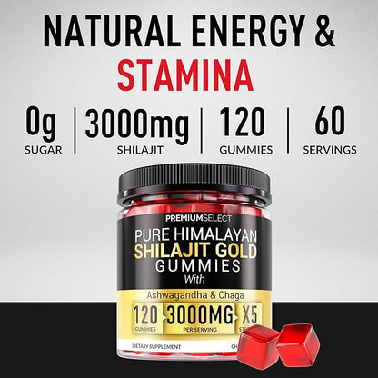 Shilajit Gummies for Men 3000mg – 120 Gold Shilajit for Men Gummies Sugar Free with Fulvic Acid – Natural Energy, Vitality & Stamina Support Chewable – Pure Himalayan Shilajit Gummy Chews