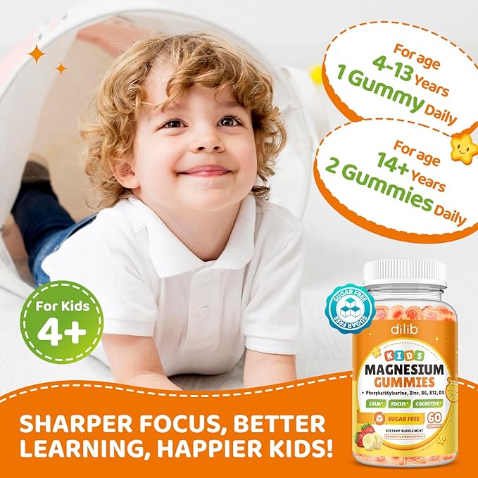 Magnesium Glycinate Gummies for Kids, Brain Supplement for Memory and Focus with Phosphatidylserine, L-Theanine, Zinc for Kids & Adults Sleep Cognition Calm, Strawberry & Banana Flavor 120ct