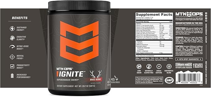 MTN OPS Ignite Sugar Free Energy Drink Powder with 200mg Caffeine, Nootropic Blend for Energy, Focus & Endurance, L Arginine & L Citrulline Pre Workout, 45 Servings, Bugle Berry