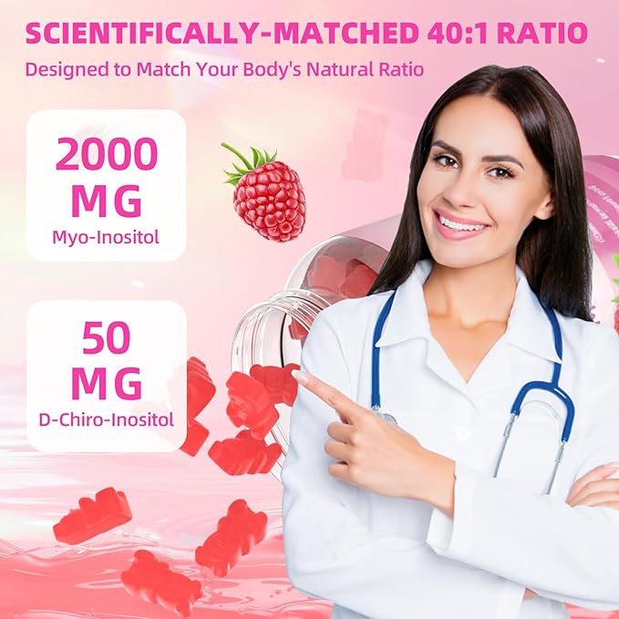 Myo-Inositol & D-Chiro Inositol Gummies, Ideal 40:1 Ratio Supplement for Women with Vitamin D3 & B12 for Support Hormonal Balance & Wellness, Sugar Free, Raspberry, 120 Count