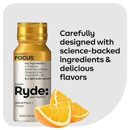 Ryde: Focus Shot | Orange Flavor | L-Theanine & Ginseng | Green Tea Caffeine | Vitamins B2 & B7 | 0 Calories, 0 Sugar | 2 FL OZ Shots | Supports Focus* (8 Pack)