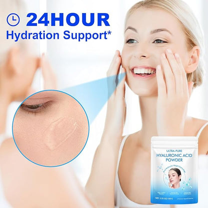 Hyaluronic Acid Serum Powder for Skin,Low and High Molecular Weight,Cosmetics Grade Skin Hydration and Moisture Support Supplements - Vegan, Water Soluble 200 Grams