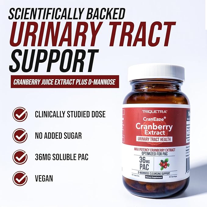 CranEaze®: Cranberry Juice Extract Plus D-Mannose – 36 mg PAC, 100% Soluble PAC - Supports Urinary Tract Health – Most Effective Cranberry Pills for Women, UTI Cranberry Supplement - 60 Capsules