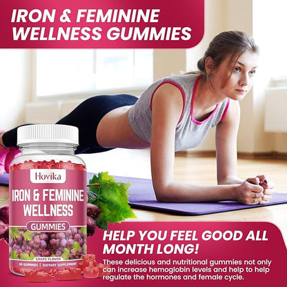 Iron for Women Gummies, 40mg Iron Supplement Anemia with multivitamin for Women, Zinc, Selenium, Iodine - for Iron Deficiency - Natural Hormonal Support for PMS, Grape Flavour, 2 Pack