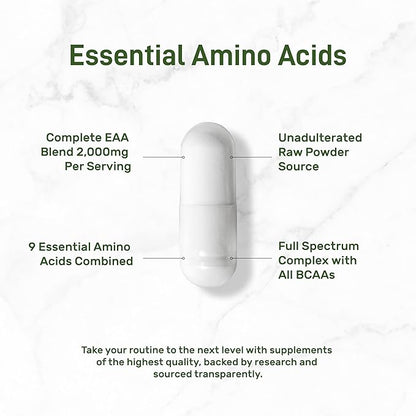 Essential Amino Acids (EAA) 2000mg Per Serving, 300 Capsules – Unflavored - 9 in 1, All BCAAs (Branched-Chain Aminos) – Lean Muscle Support & Natural Pre Workout Supplement