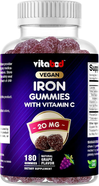 Vitabod Iron Gummies Supplement for Women, Men & Kids - 20mg - with Vitamin C - Dietary Supplement for Red Blood Cell Support, 180 Pectin Based Gummies