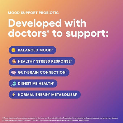 Physician's CHOICE Mood Support Probiotic - Supports a Balanced Mood, Healthy Stress Response & Digestive Health with Prebiotics, Ashwagandha, Vitamin B12, Folate - for Men & Women - 30ct