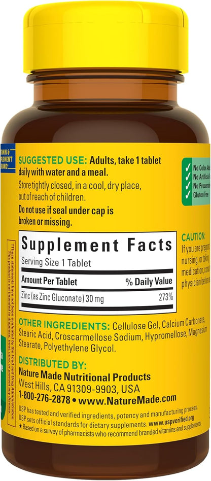 Nature Made Zinc 30 mg, Zinc Supplements for Men & Women, Dietary Supplement for Immune Health and Antioxidant Support, 100 Tablets, 100 Day Supply