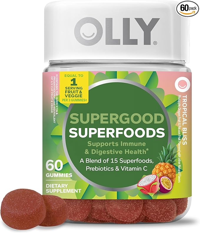 OLLY Supergood Superfoods Gummies, Supports Immune & Digestive Health,* 15 Superfoods, Prebiotics, Vitamin C, Tropical Bliss Flavor, 20 Day Supply - 60 Count