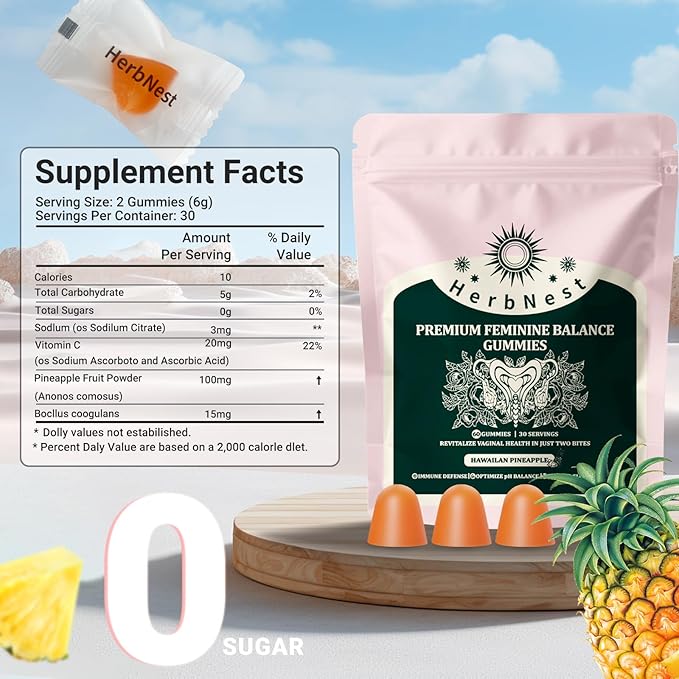 Feminine Balance Gummies - 0 Sugar Vaginal Probiotics for Women - Supports pH Balance & Odor Control - 60 Gummies (30 Days)