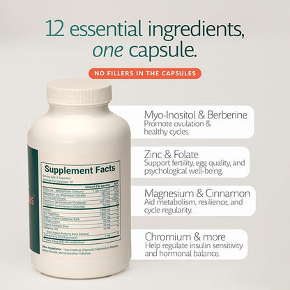 Supplement for Women | Ovarian Health, Hormone Balance, Fertility, Ovulation | 40:1 Myo-Inositol D-Chiro & 12 Ingredients | Developed by Medical Doctor | 180 Capsules