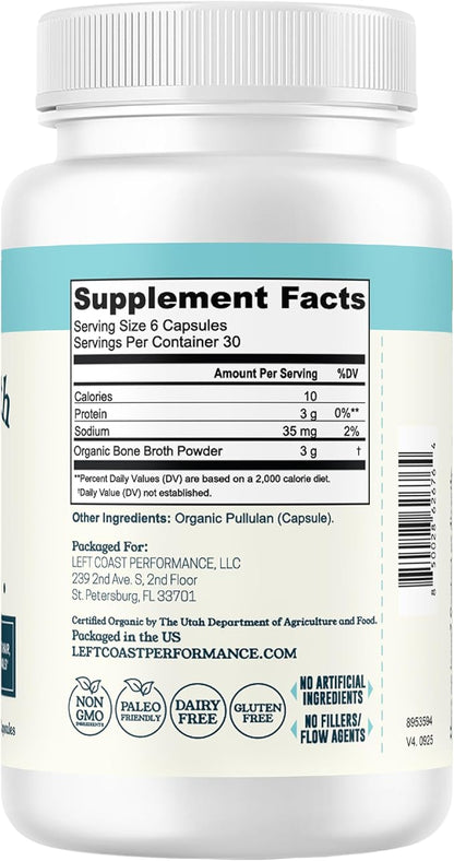 Grass-Fed Bone Broth Capsules with Collagen from Organic Bone Broth Powder. Collagen Supplement for Nails, Hair, Joints and Digestive Health* Support. Gut Friendly-Ingredients, 180 Capsules