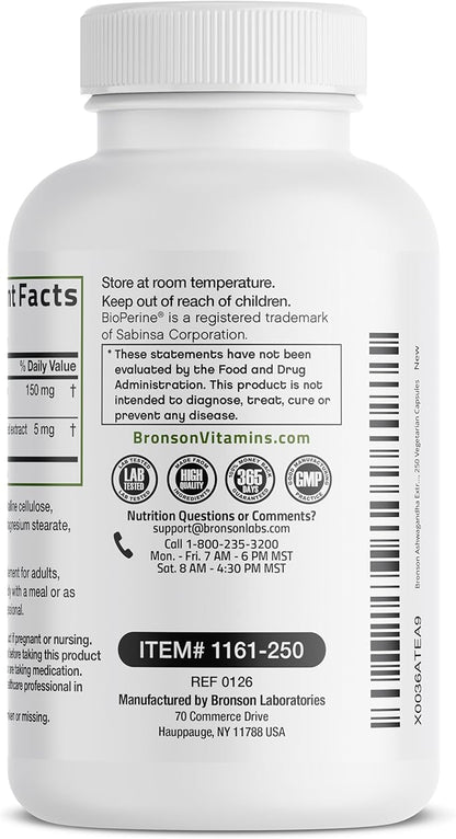 Bronson Ashwagandha Extra Strength Stress & Mood Support with BioPerine - Non GMO Formula, 250 Vegetarian Capsules
