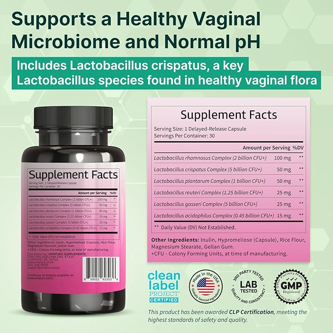 VINATURA Lactobacillus Rhamnosus, Reuteri, Gasseri, Plantarum, Crispatus, Acidophilus Probiotics - Probiotics for Women *USA Made & Tested* Women Vaginal Health, Gut and Digestive Health - 30 Capsules