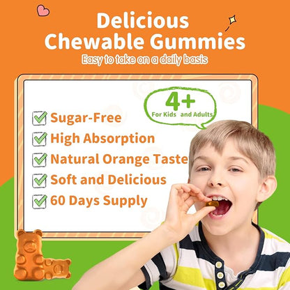 Magnesium Gummies for Kids - Magnesium Glycinate Gummies Supplement with L-Theanine, Vitamin B6, D3 for Adults & Kids, Calm Magnesium for Sleep, Relaxation, Brain, Bones, Sugar Free Orange 60ct
