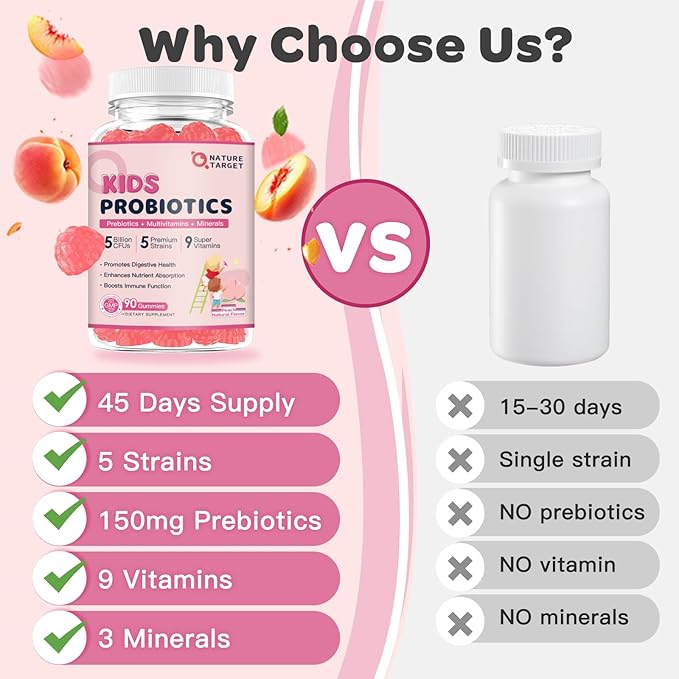Probiotics for Kids, Kids Probiotic-Multivitamin Gummies with 5 Billion CFUs for Digestive Health & Immune Support, with Vitamins, Prebiotics, Minerals for Children, Natural Peach Flavor, 45 Servings
