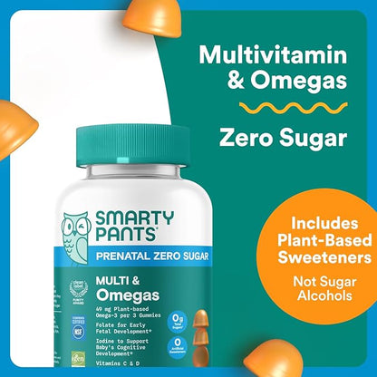 SmartyPants Zero Sugar Prenatal Multivitamin Gummies: Choline, Methylfolate, Omega 3 (ALA), Vitamin D3, C, Vitamin B12, B6, A, K, Zinc, Biotin, Gluten Free, No Sugar Alcohols, 90 Count (30 Day Supply)