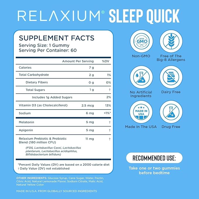 Relaxium SleepQuick Gummies - Sleep Aid + Gut Health & Immune Support, 5 mg Melatonin, Vitamin D-3 + Prebiotic & Probiotic Blend, Gluten & Drug Free, Lemon Flavor, 60 Gummies
