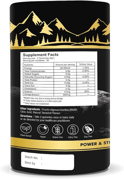 Pure Himalayan Shilajit Gummies – 75%+ Fulvic Acid, High Potency Gold Grade – Blend for Energy, Vitality & Immune Support, Travel - Friendly, Tamarind Flavor – 60 Gummies
