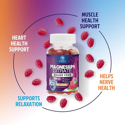Magnesium Citrate Supplement Gummies Sugar-Free, High Absorption Magnesium Gummy Supplements for Women & Men, Supports Sleep, Heart Health, Bones and Muscles, for Relaxation & Digestion - 60 Gummies