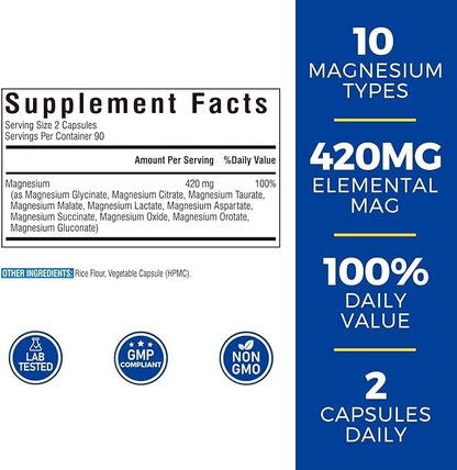 10 in 1 Magnesium Complex, 420mg Elemental Magnesium | Ultra Strength, Max Absorption | Chelated Magnesium Supplement for Nerves, Bone & Heart Health | Non-GMO, 180 Vegan Capsules