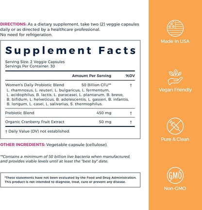 NewRhythm Women's Probiotics, Organic Cranberry, 50 Billion CFU 18 Strains, Probiotics with Prebiotics, Support Digestive Health, No Refrigeration Needed, Non-GMO, No Soy, 60 Vegan Capsules, No Dairy