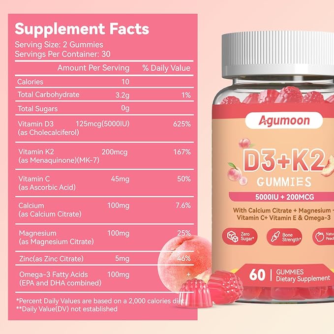 Vitamin D3 K2 Gummies for Adults - Vitamin D3 5000IU + K2 (MK-7) 200mcg, with Calcium Citrate, Magnesium Citrate, Omega-3 for Bone, Muscle, Teeth Immune - 120 Gummies
