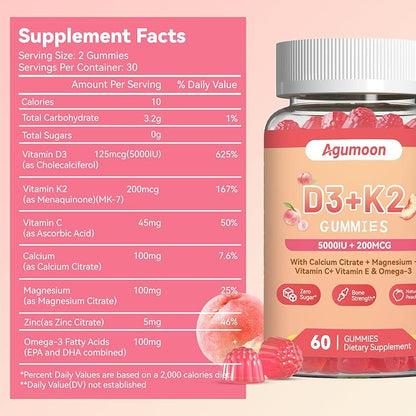 Vitamin D3 K2 Gummies for Adults - Vitamin D3 5000IU + K2 (MK-7) 200mcg, with Calcium Citrate, Magnesium Citrate, Omega-3 for Bone, Muscle, Teeth Immune - 120 Gummies