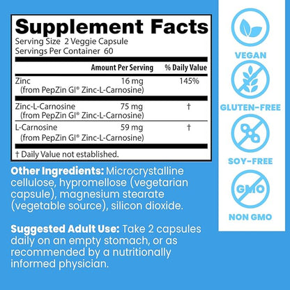 Doctor's Best PepZin GI, Zinc-L-Carnosine Complex for Men & Women - Zinc Carnosine Supplement Caps for Gut Health, Digestive Support, & Stomach Comfort, Vegan, Gluten Free - 120 Veg Capsules