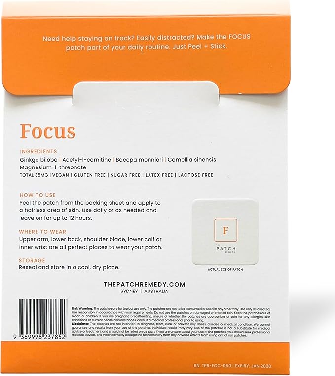 The Patch Remedy Focus Patch | Ginkgo Biloba, Acetyl-L-Carnitine, Bacopa, Magnesium L-Threonate, Green Tea | 30 Patches
