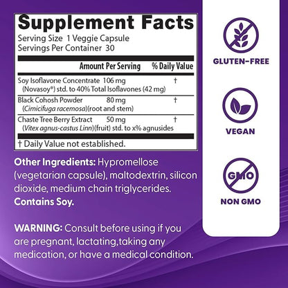 Doctors Best Womens Menopause Support (Soy Isoflavone, Black Cohosh, Chaste Tree), Multi-Symptom Relief, Non-GMO, Gluten Free, Vegan 30 Veggie Caps