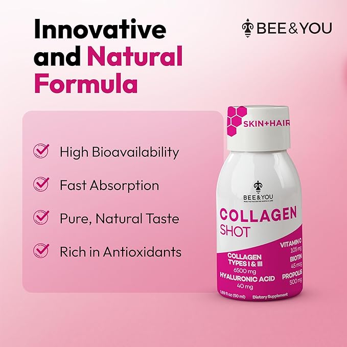 Bee and You Collagen Liquid Shot Drink with Vitamin C, Propolis Extract, Hyaluronic Acid, Biotin, Promotes Skin, Hair, Nail and Joint Health, 1.69 fl. Oz x 12 Pack