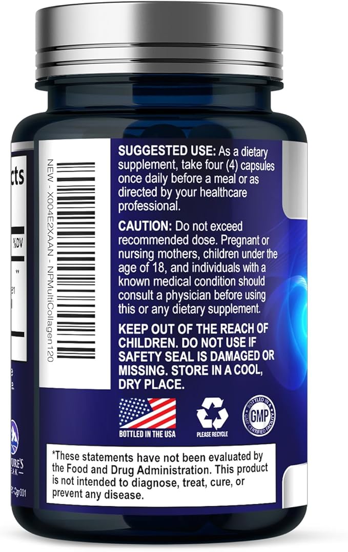 Multi Collagen Peptides Supplement for Hair, Nail, Skin - Type I, II, III, V, X, Collagen Powder Pills - Grass-Fed, Hydrolyzed for Bone and Joint Support for Women & Men, Non-GMO - 120 Capsules