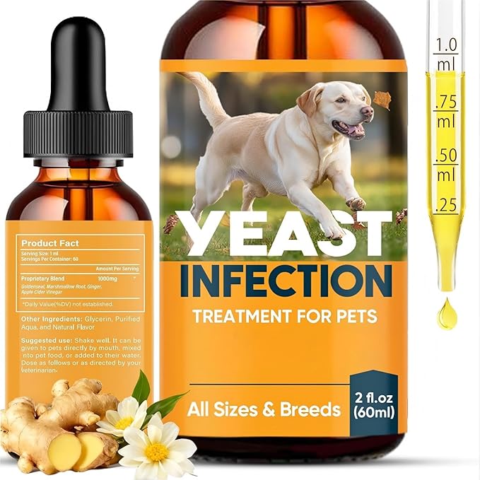 Yeast Infection Treatment for Dogs, 60 ml Dog Yeast Care Drops Ear Support Formula, Relief for Itchy Skin, Ear Infections, Liquid Drops for Dogs & Cats