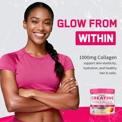 Creatine for Women, 5000mg Creatina Monohidratada Gummies with Collagen & BCAAs for Muscle Recovery, Energy & Skin, Chewable Post-Workout Supplement, Sugar-Free, No Bloating, 4 Gummies Per Day
