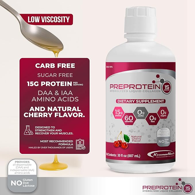 PreProtein 15 Liquid Hydrolyzed Collagen Peptides – Sugar Free Cherry Flavor Drink – 15g Protein Amino Acid Supplement for Bariatric Recovery, Joint Support & Wound Care – 30oz