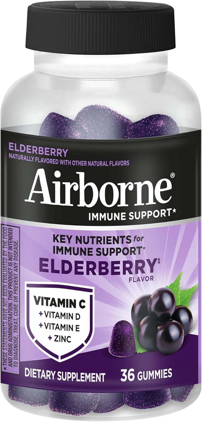 Airborne Elderberry + Zinc & Vitamin C Gummies for Adults,Immune Support with Antioxidants Vitamins C,D & E,Elderberry Flavor,130 Count (Pack of 2)
