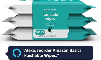 Amazon Basics Adult Wet Wipes Flushable formulated without Fragrance, 126 Count (3 Packs of 42) Packaging May Vary