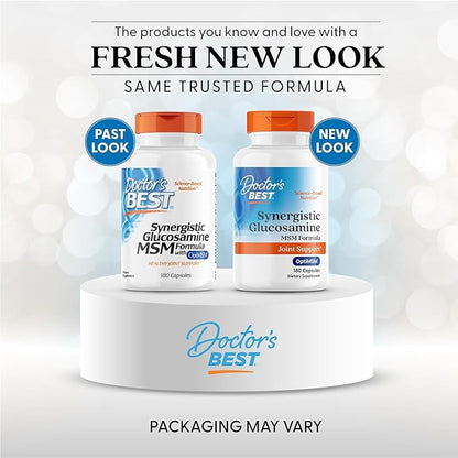 Doctor's Best Synergistic Glucosamine with MSM Formula - Joint Health Support Supplement for Women & Men, Features Vitamin C, Potassium, & Chloride, Non-GMO, Gluten Free, Soy Free - 180 Capsules