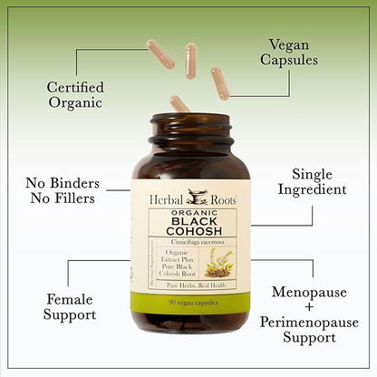Herbal Roots Organic Black Cohosh Root | Extra Strength | Menopause and Menstrual Support for Women | 90 Capsules, Vegan