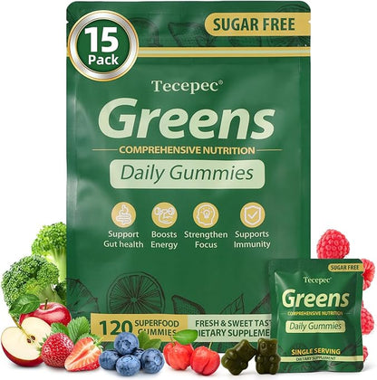 Sugar Free Greens Daily Gummies, Superfood Fruits Veggies Blend with Spirulina, Chlorella, Prebiotics & Fiber, Adaptogens Multivitamin Supplement for Women Men Digestive Health, Non-GMO, 120 Count